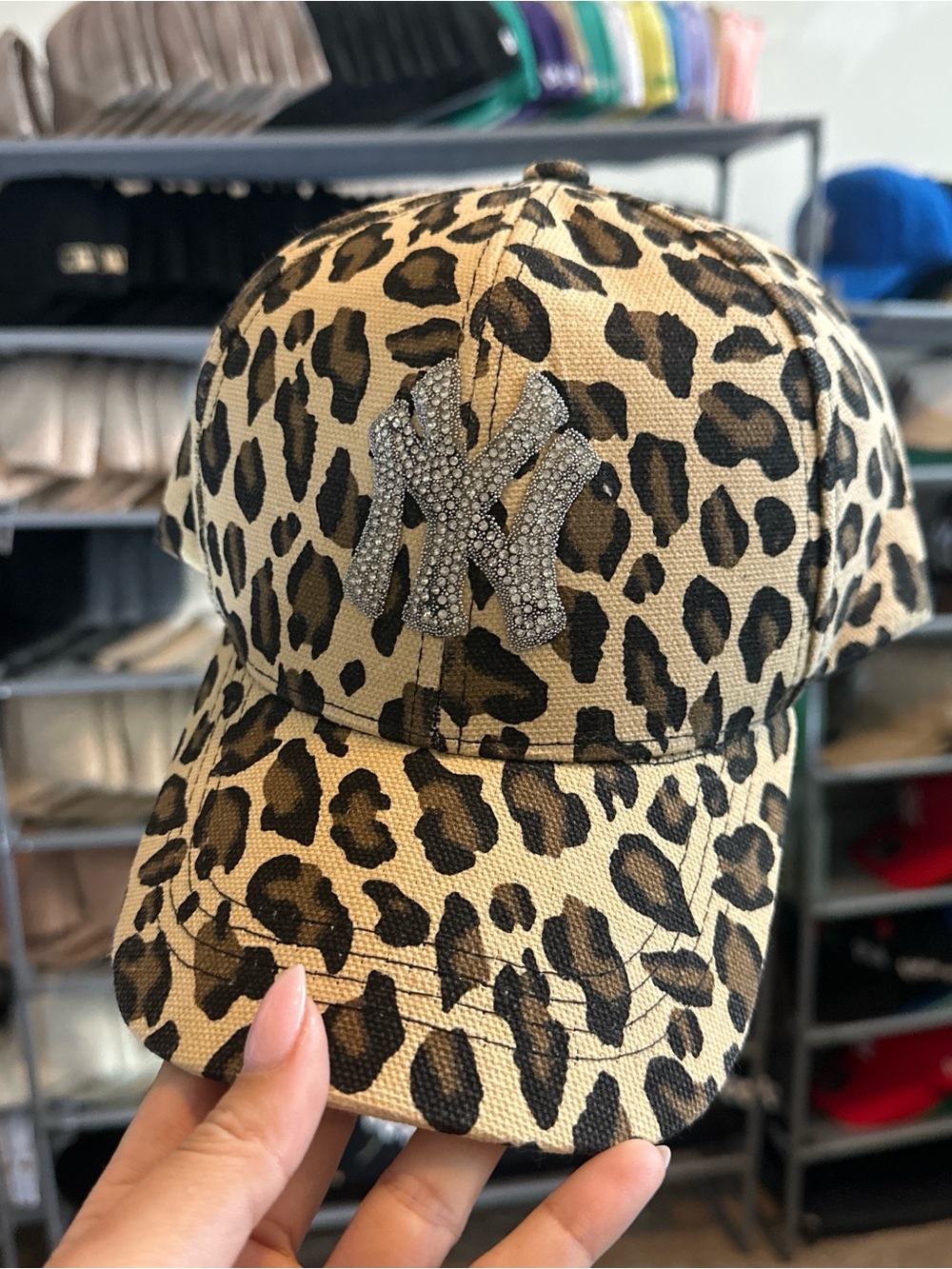 Leopard Print Rhinestone Logo Baseball Cap - Tan & Black - Picture 2 of 4